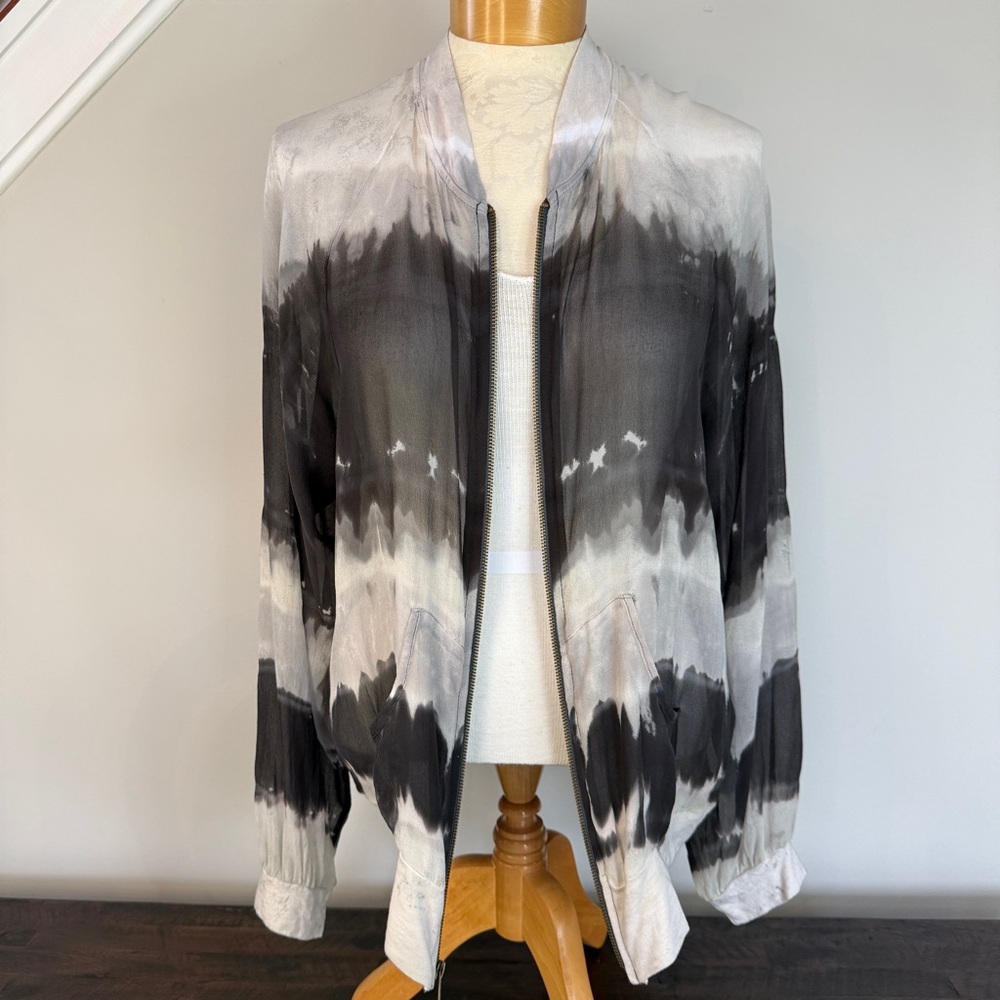 LANGUAGE Silk Tie Dye Bomber Jacket Size Large Black White Gray